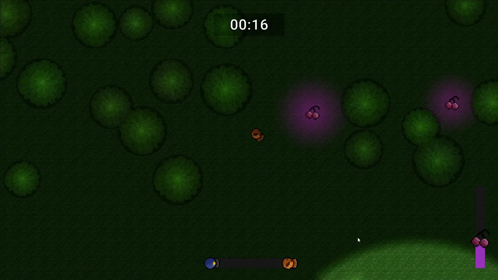 Wanted at sixteen seconds: the player alone in a dark forest of scattered trees, with glowing cherries nearby and the stamina bar at the bottom of the screen